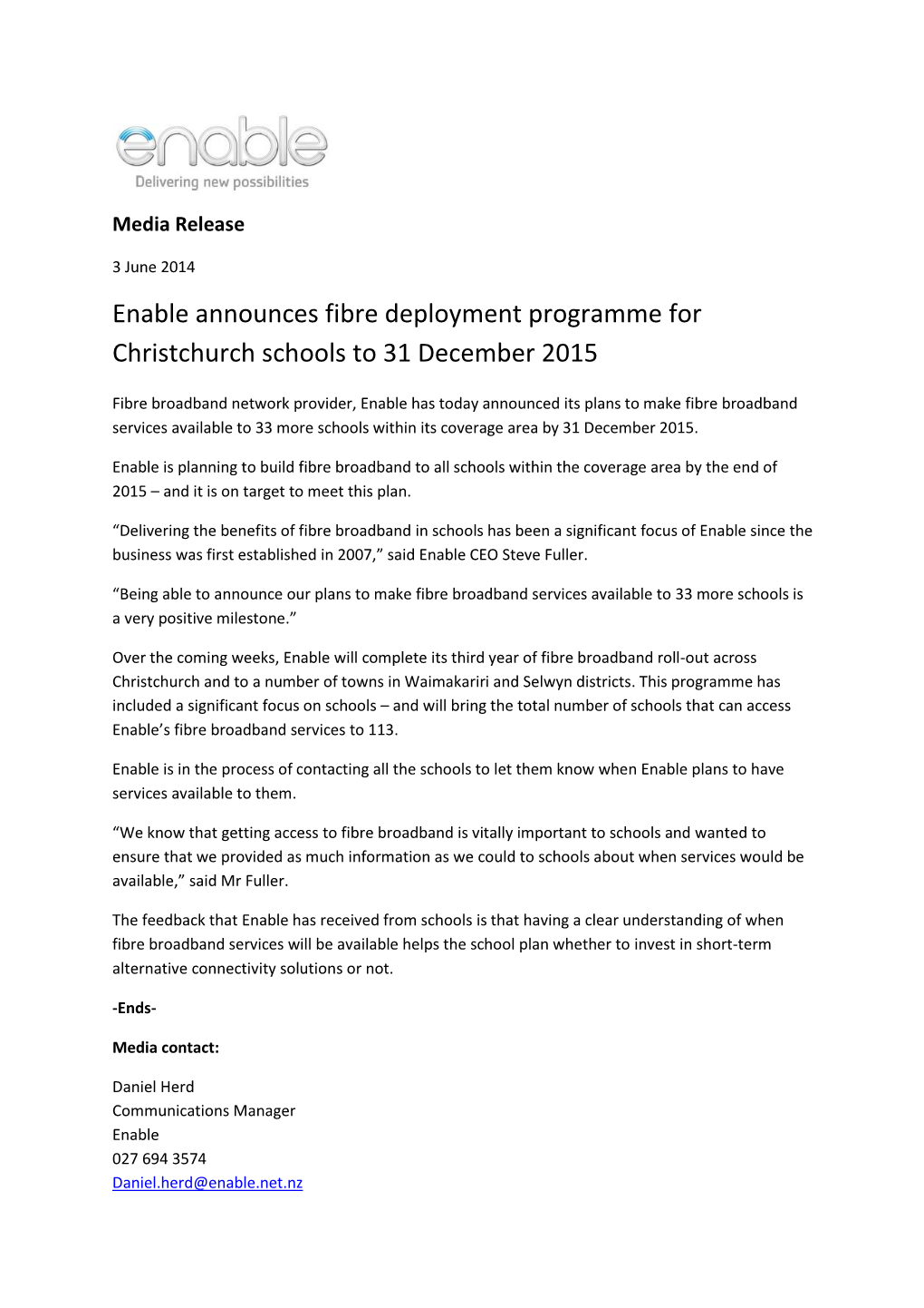 Enable Announces Fibre Deployment Programme for Christchurch Schools to 31 December 2015