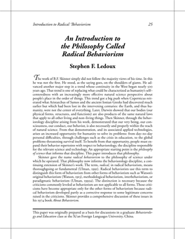 An Introduction to the Philosophy Called Radical Behaviorism Stephen F