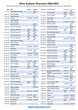 Silver Explorer Itineraries 2020-2021 Cruise Ship Itinerary for Crew Members with Ports, Arrival and Departure Time for Entire Year in a Single PDF File