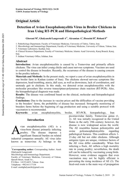 Detection of Avian Encephalomyelitis Virus in Broiler Chickens in Iran Using RT-PCR and Histopathological Methods
