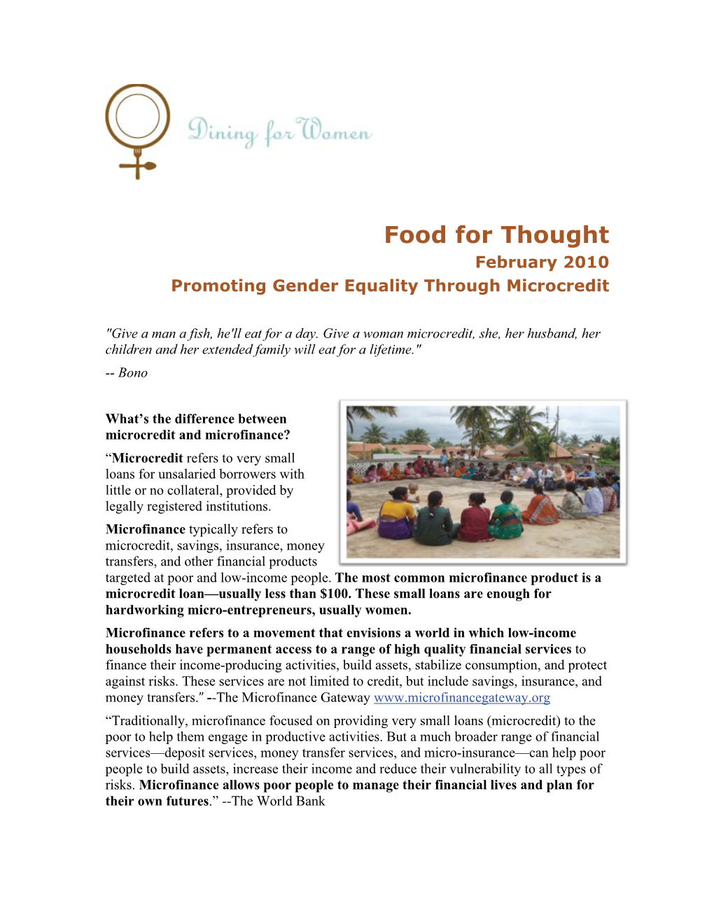Food for Thought February 2010 Promoting Gender Equality Through Microcredit