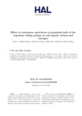 Effect of Continuous Agriculture of Grassland Soils of the Argentine Rolling Pampa on Soil Organic Carbon and Nitrogen