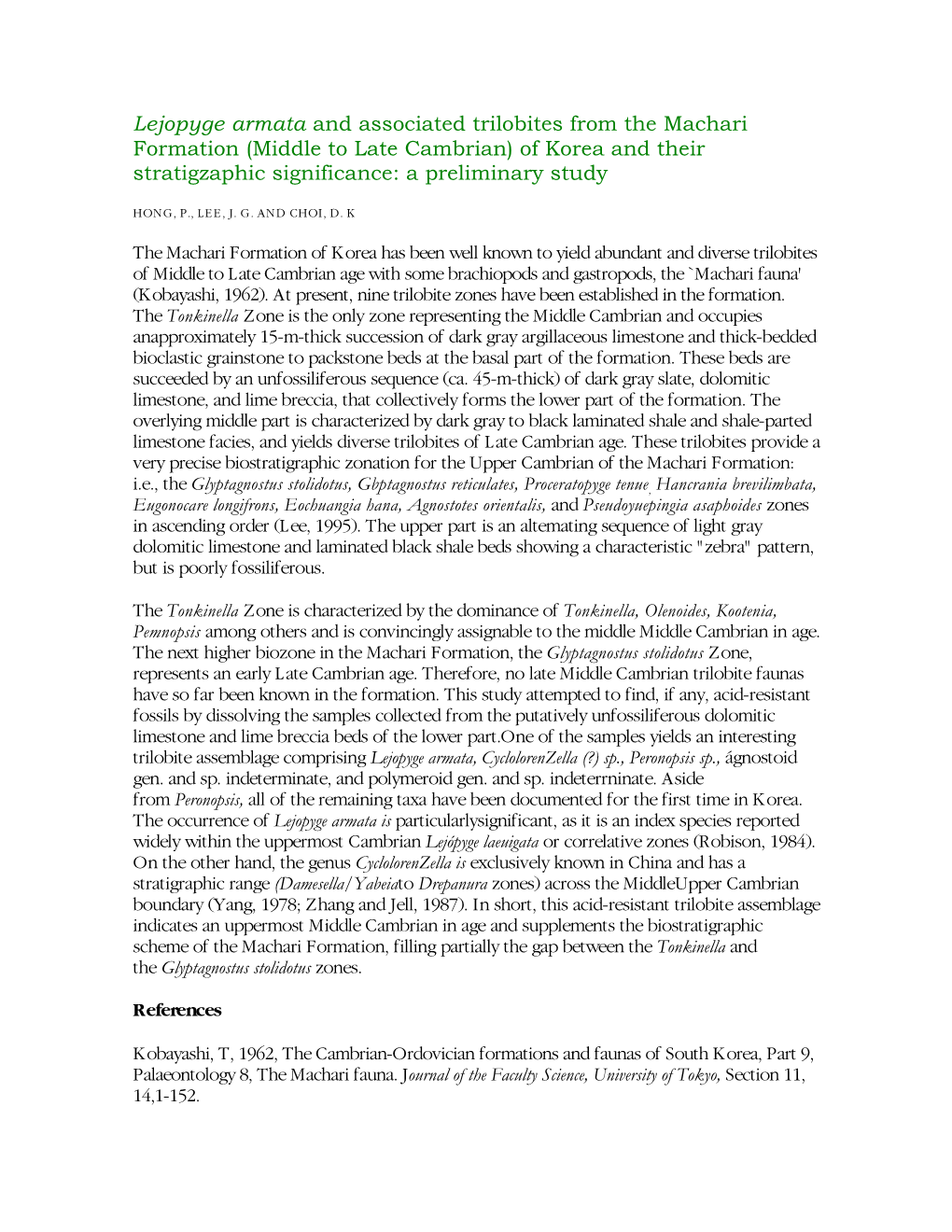 Lejopyge Armata and Associated Trilobites from the Machari Formation (Middle to Late Cambrian) of Korea and Their Stratigzaphic Significance: a Preliminary Study