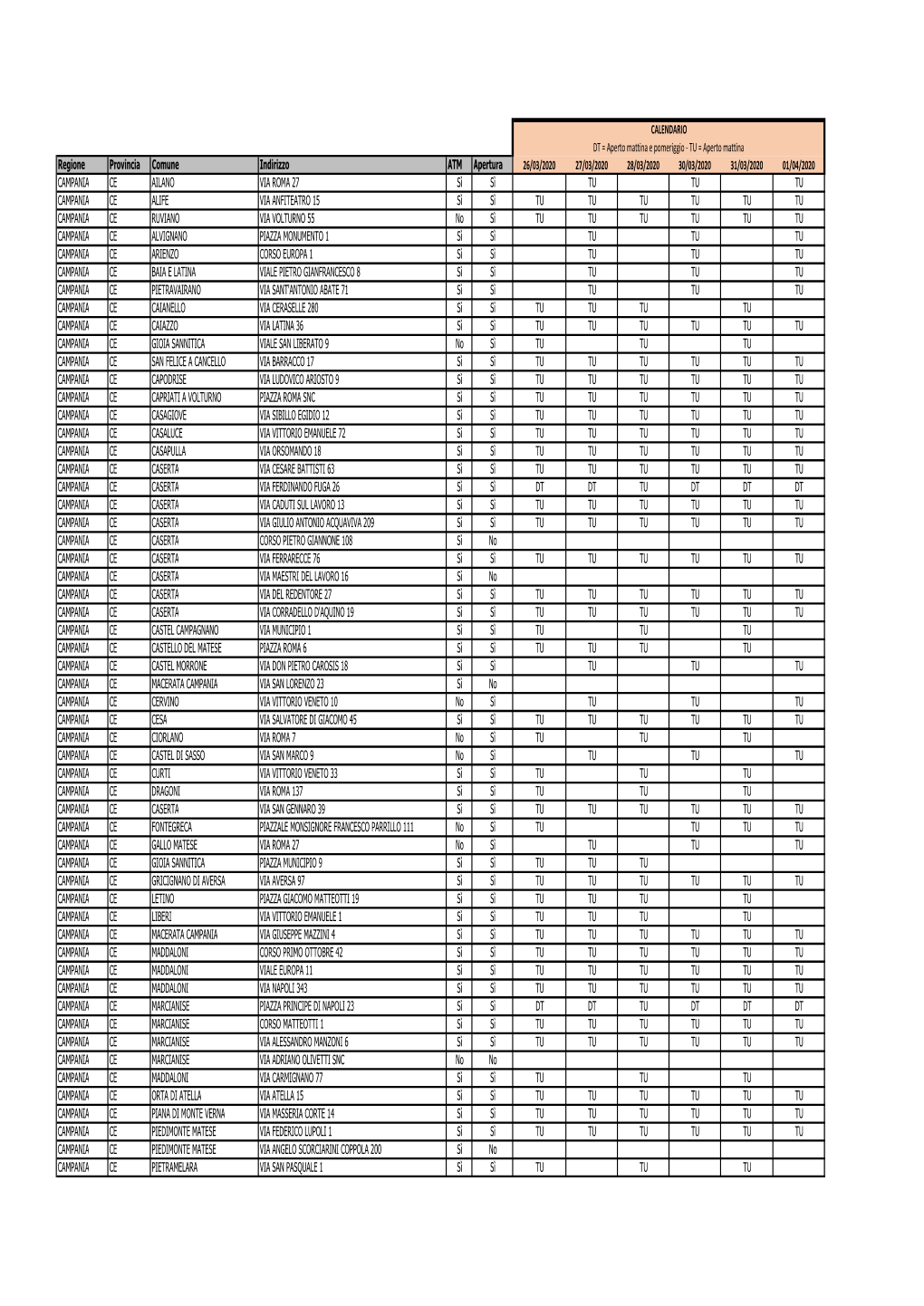 CALENDARIO DT = Aperto Mattina E Pomeriggio