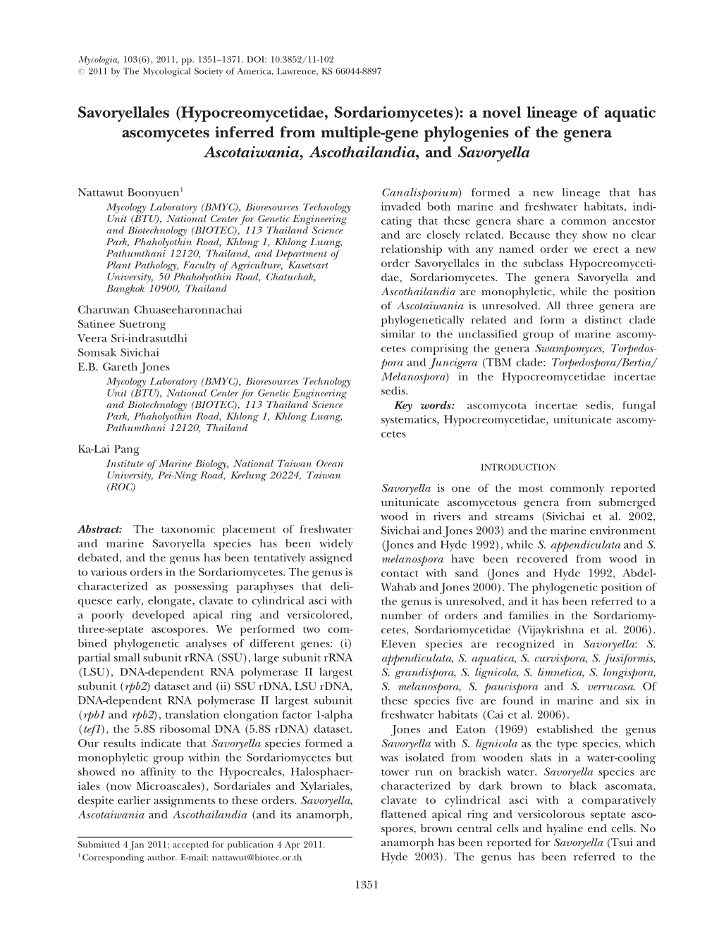 Savoryellales (Hypocreomycetidae, Sordariomycetes): a Novel Lineage