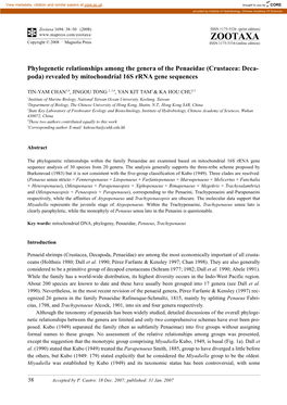 Zootaxa,Phylogenetic Relationships Among the Genera of The