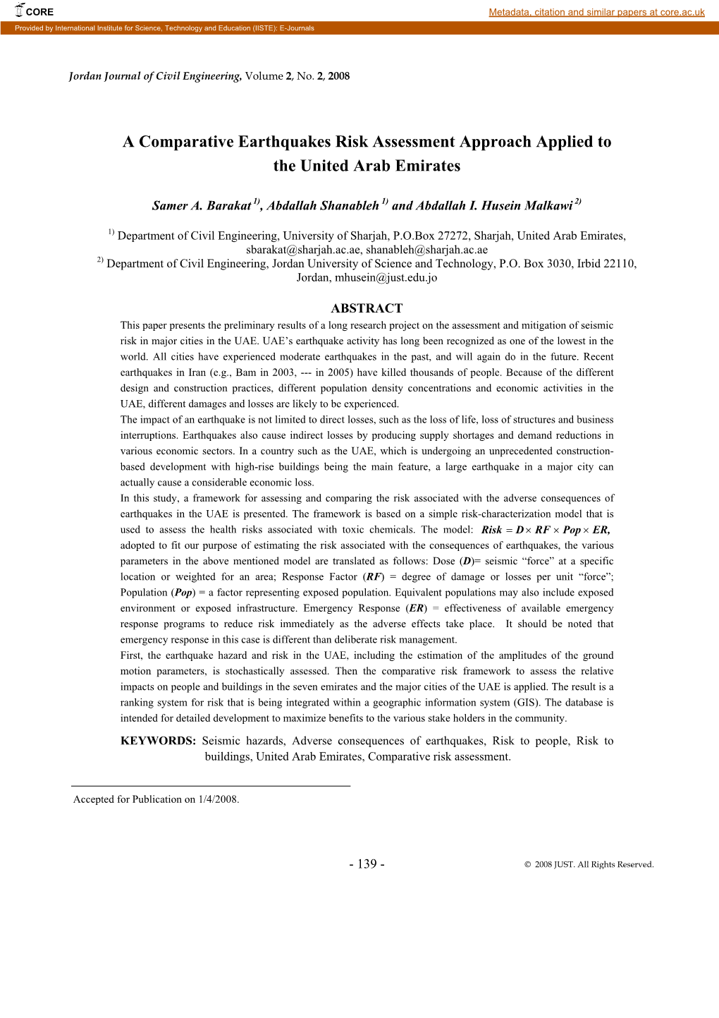 A Comparative Earthquakes Risk Assessment Approach Applied to the United Arab Emirates