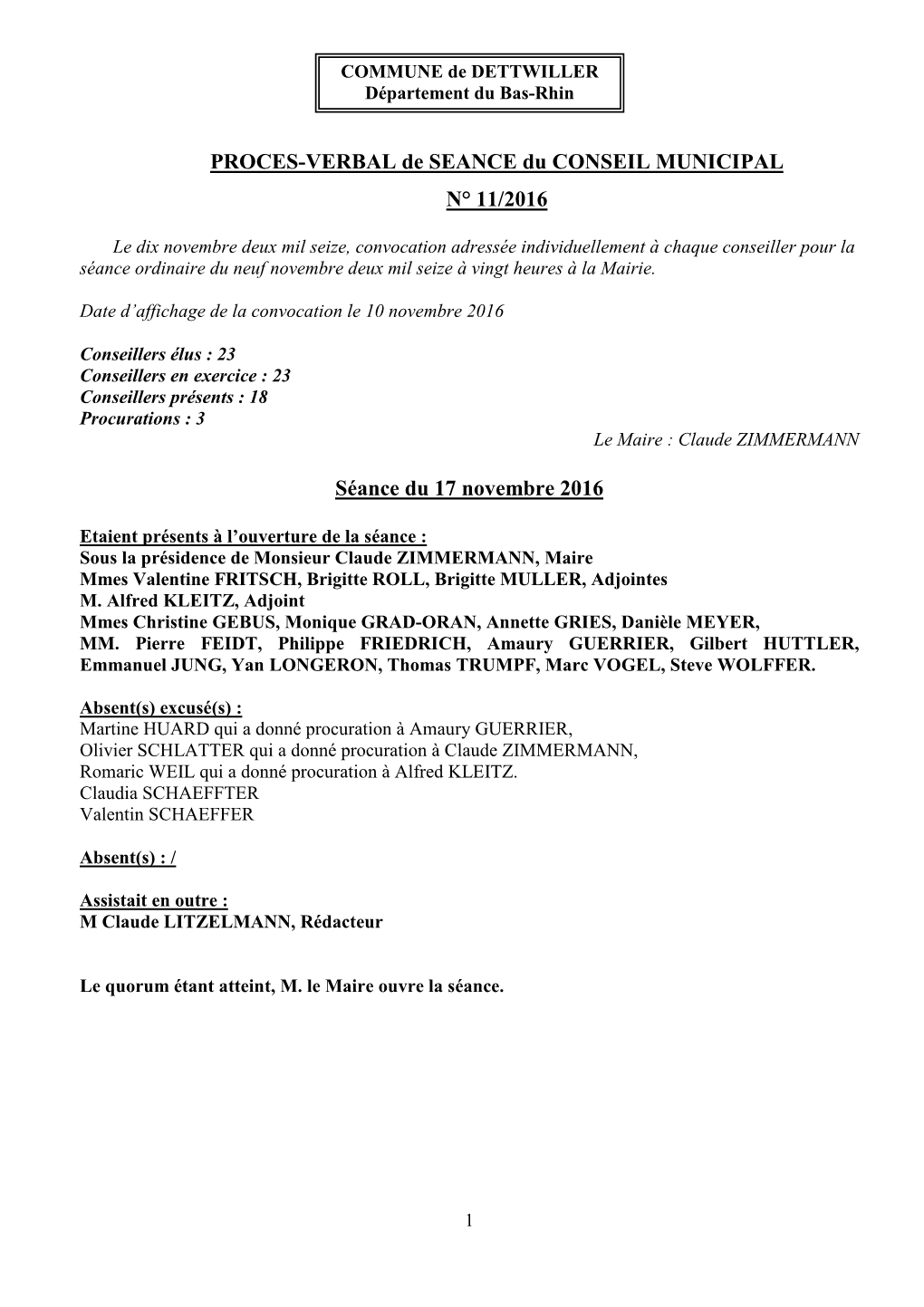 PROCES-VERBAL De SEANCE Du CONSEIL MUNICIPAL N° 11/2016