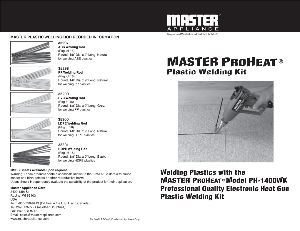 Master Proheat® Plastic Welding Kit Manual