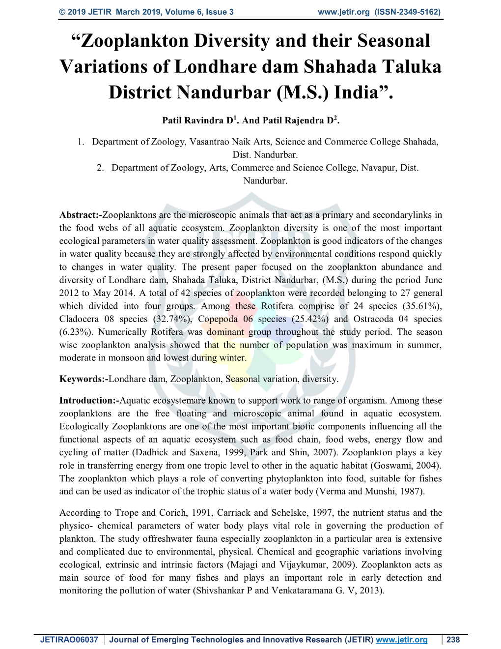 “Zooplankton Diversity and Their Seasonal Variations of Londhare Dam Shahada Taluka District Nandurbar (M.S.) India”