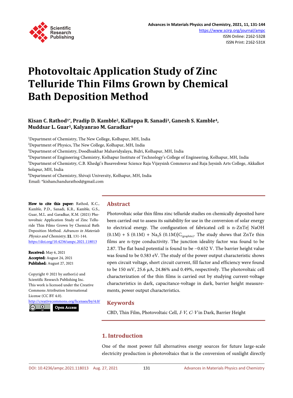 Photovoltaic Application Study of Zinc Telluride Thin Films Grown by Chemical Bath Deposition Method