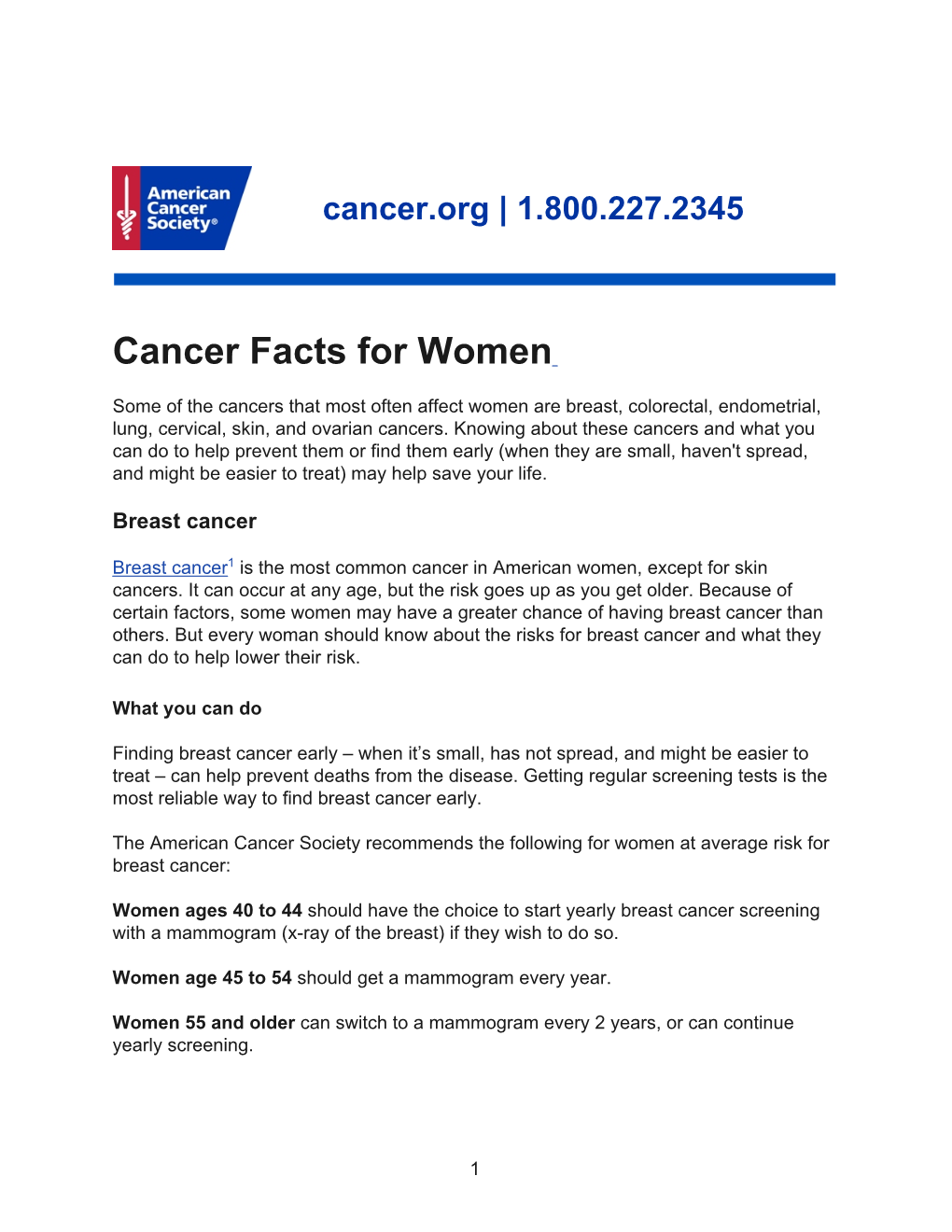 Cancer Facts for Women