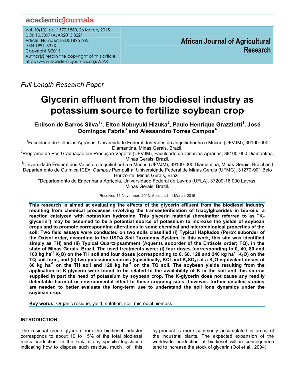 Glycerin Effluent from the Biodiesel Industry As Potassium Source to Fertilize Soybean Crop