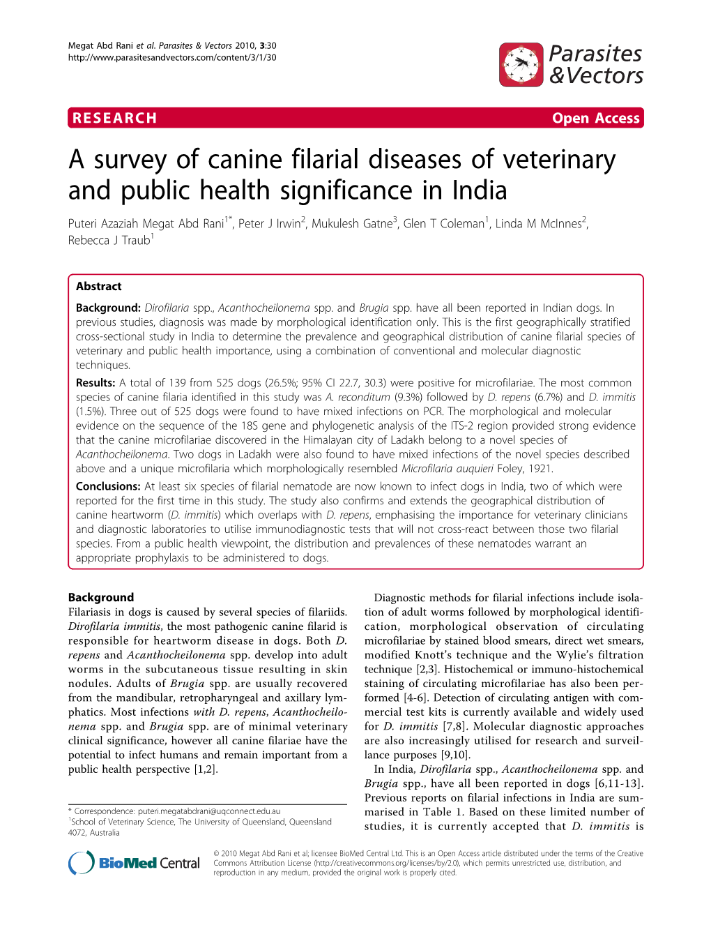 A Survey of Canine Filarial Diseases of Veterinary and Public Health Significance in India