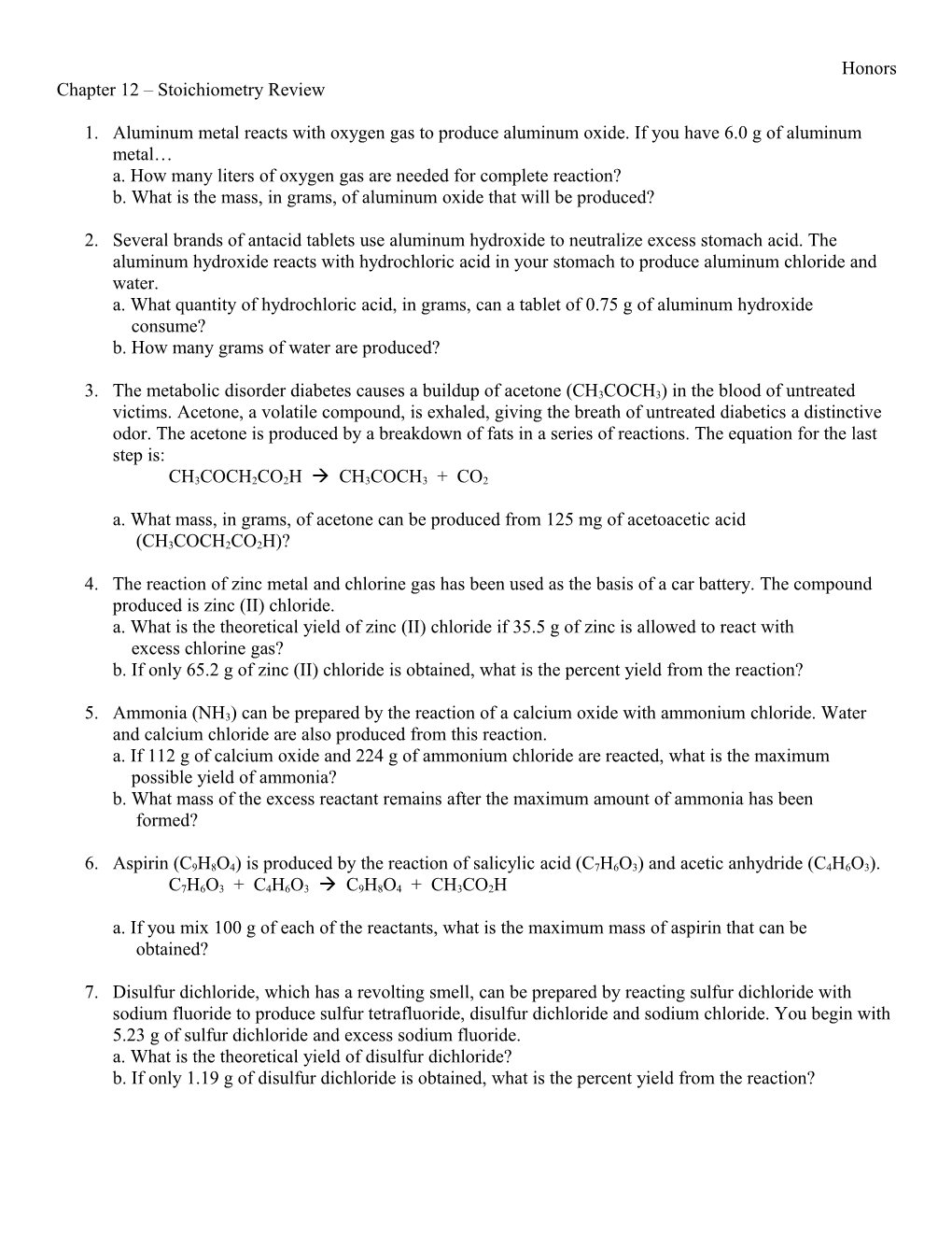 Chapter 8 Stoichiometry Review