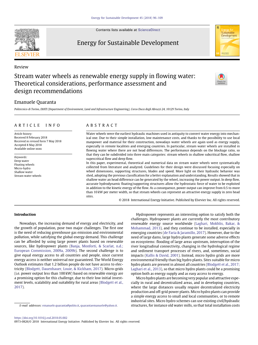 Stream Water Wheels As Renewable Energy Supply in ﬂowing Water: Theoretical Considerations, Performance Assessment and Design Recommendations