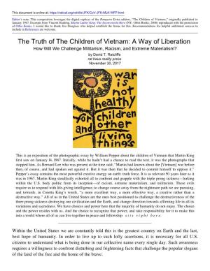 The Truth of the Children of Vietnam: a Way of Liberation How Will We Challenge Militarism, Racism, and Extreme Materialism? by David T