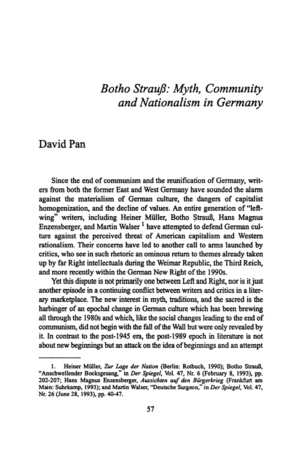 Botho Straufi: Myth, Community and Nationalism in Germany David