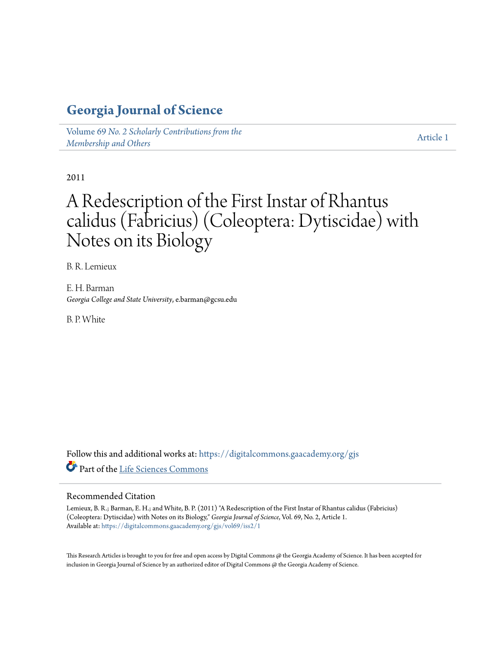 A Redescription of the First Instar of Rhantus Calidus (Fabricius) (Coleoptera: Dytiscidae) with Notes on Its Biology B