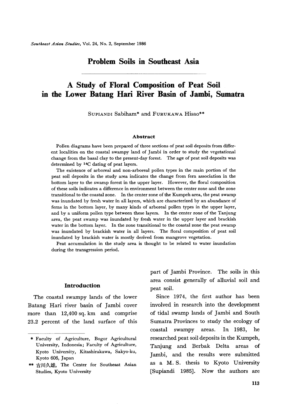 Problem Soils in Southeast Asia a Study of Floral Composition of Peat Soil in the Lower Batang Han River Basin of Jambi, Sumatra