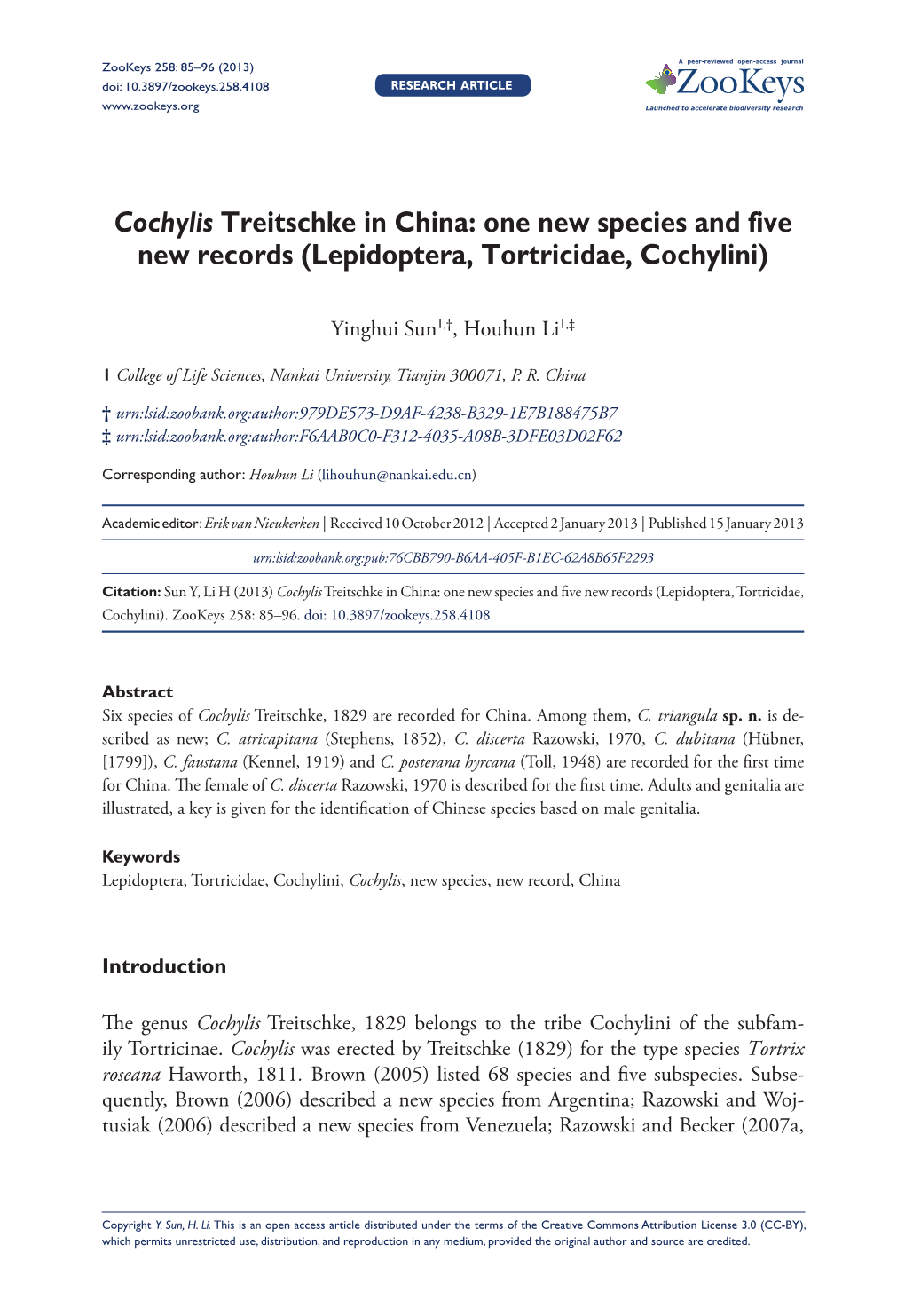 Cochylis Treitschke in China: One New Species and Five New Records