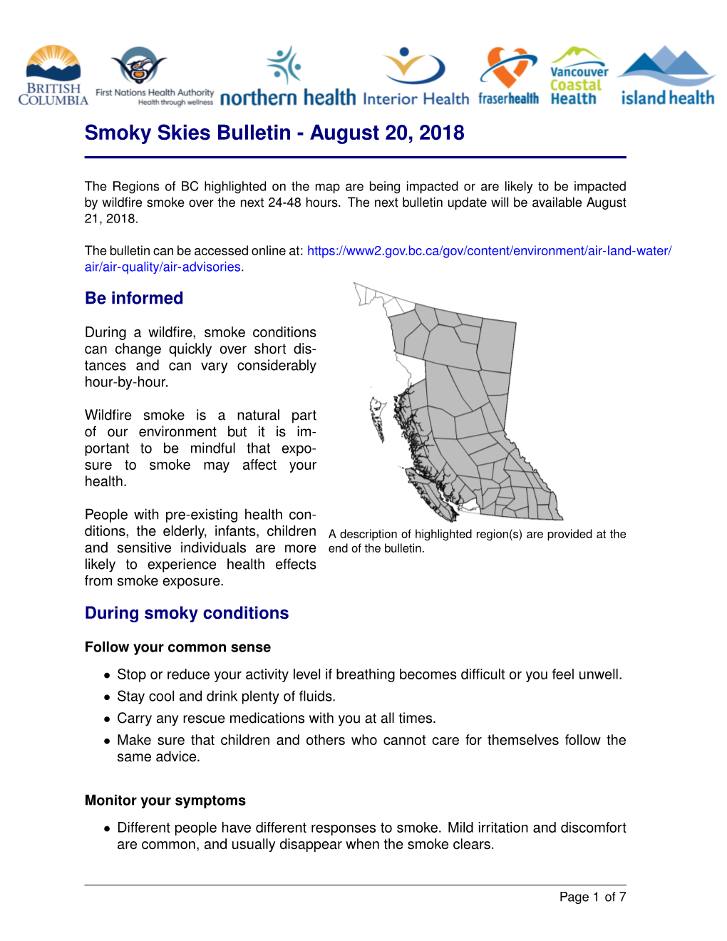 Smoky Skies Bulletin - August 20, 2018