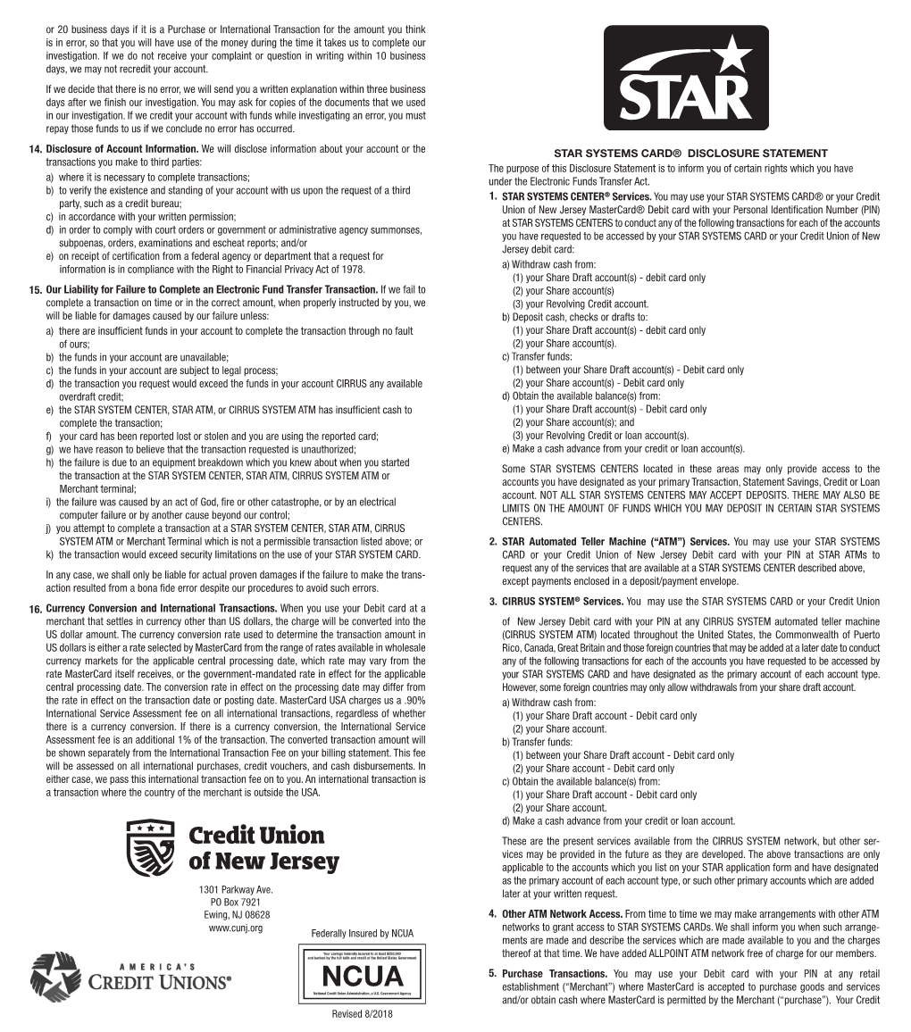 Star Systems Card® Disclosure Statement Star