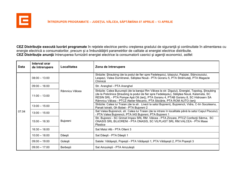 CEZ Distribuţie Execută Lucrări Programate În Reţelele Electrice