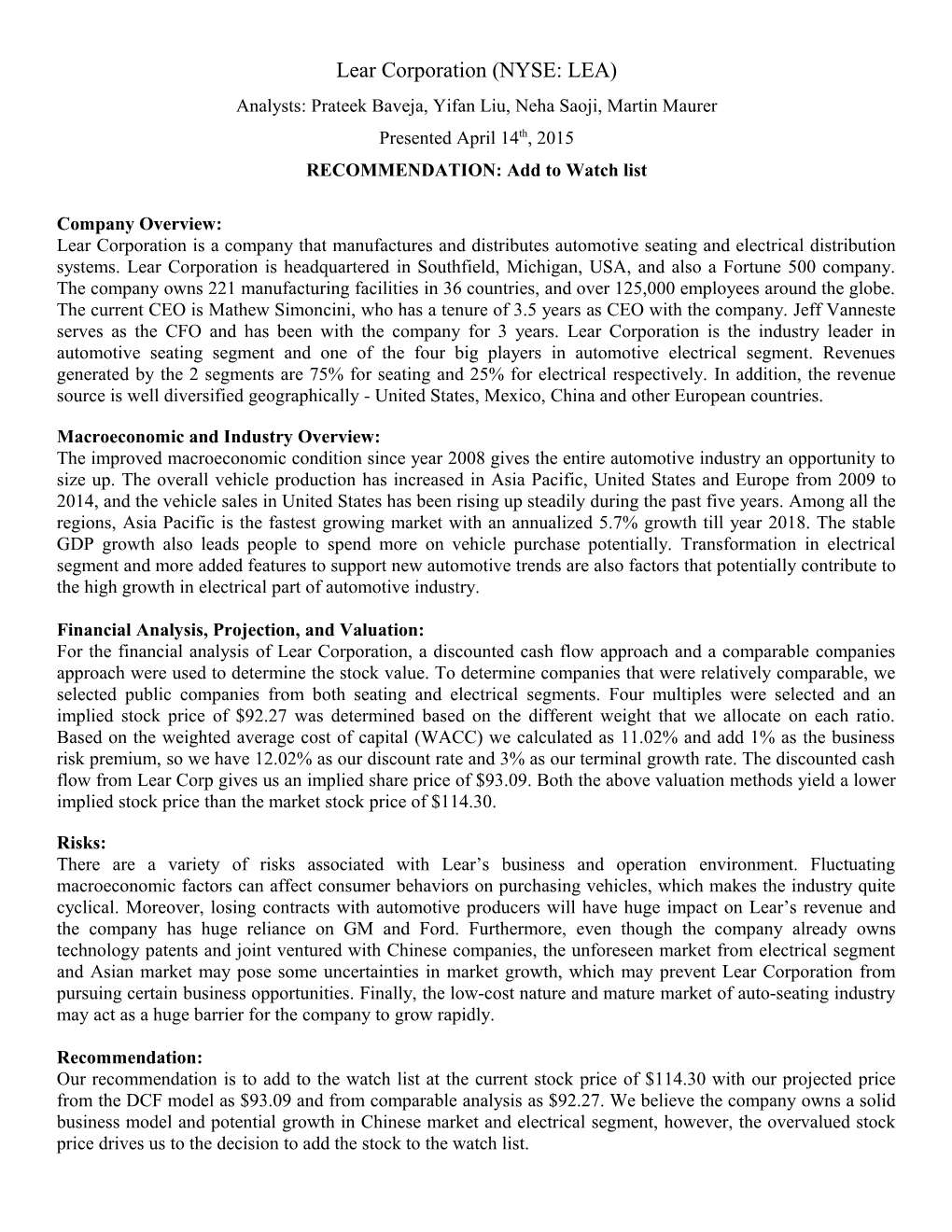 Lear Corporation (NYSE: LEA)