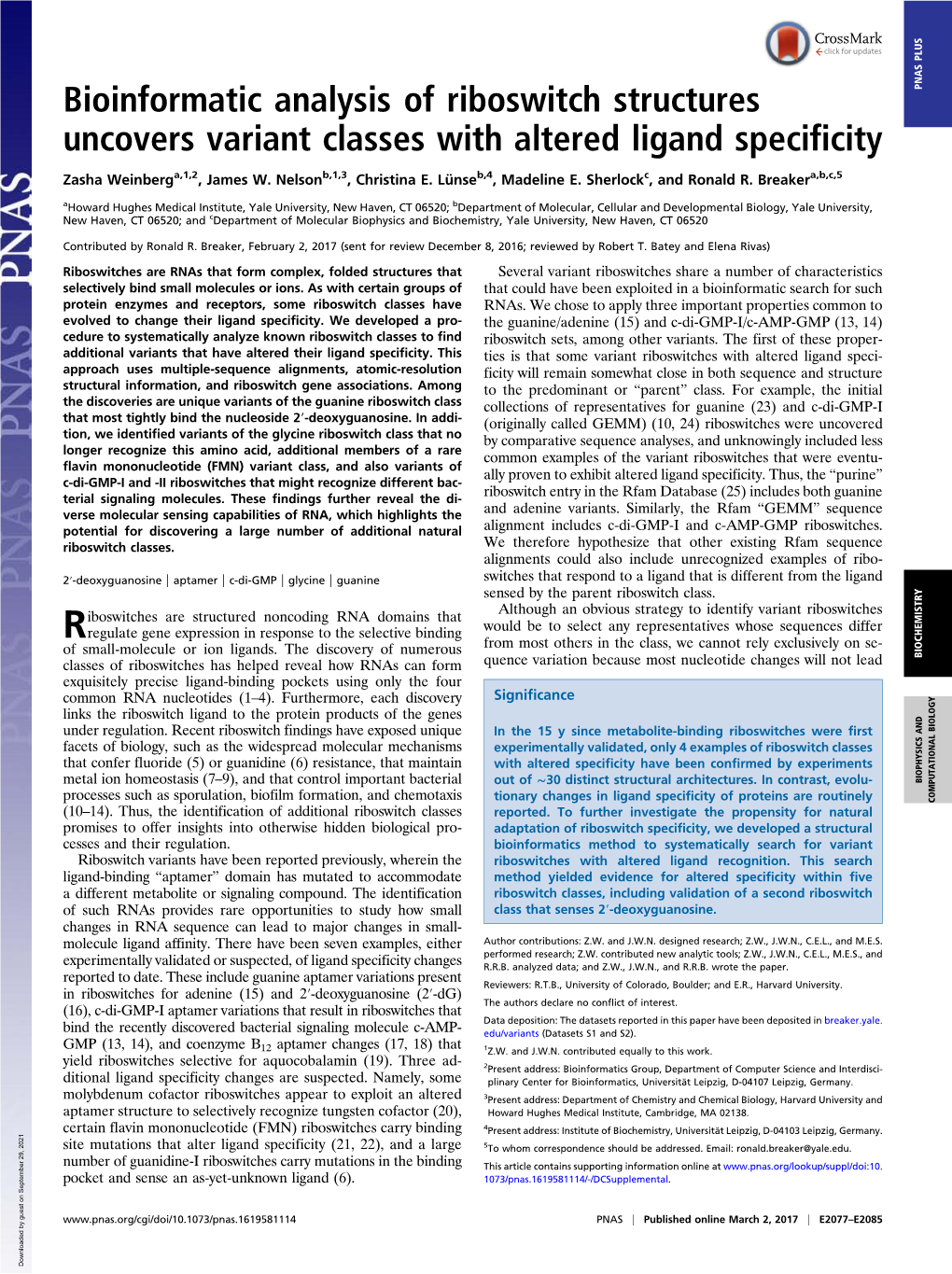 Bioinformatic Analysis of Riboswitch Structures Uncovers Variant Classes