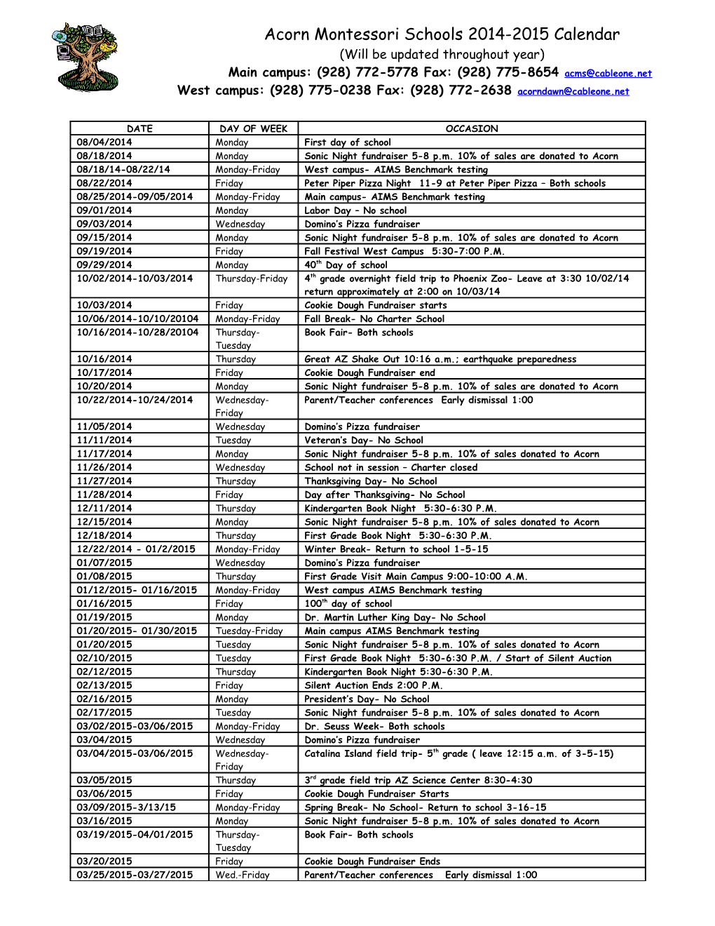 Acorn Montessori School-2004/2005 School Calendar