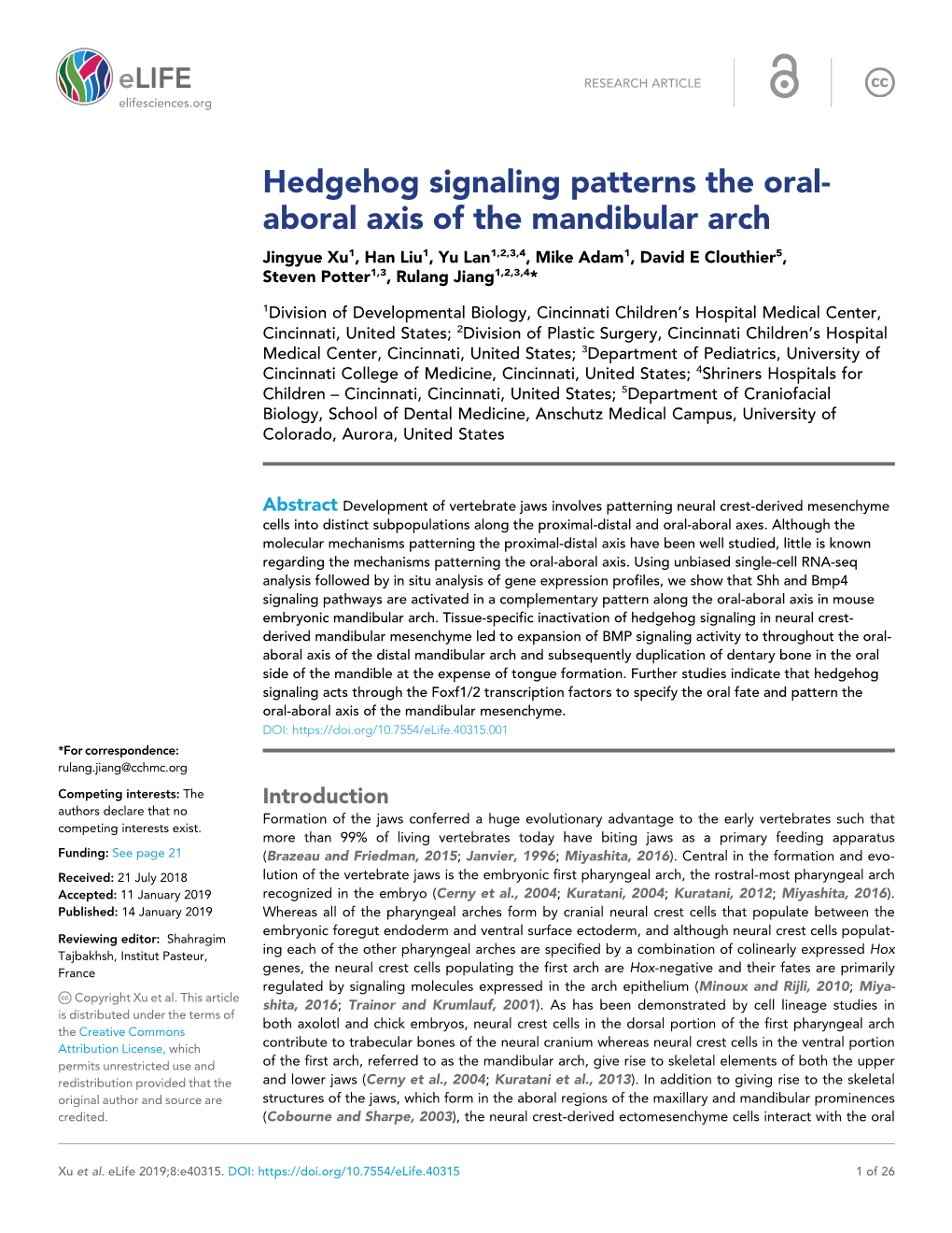 Hedgehog Signaling Patterns the Oral- Aboral Axis of the Mandibular Arch