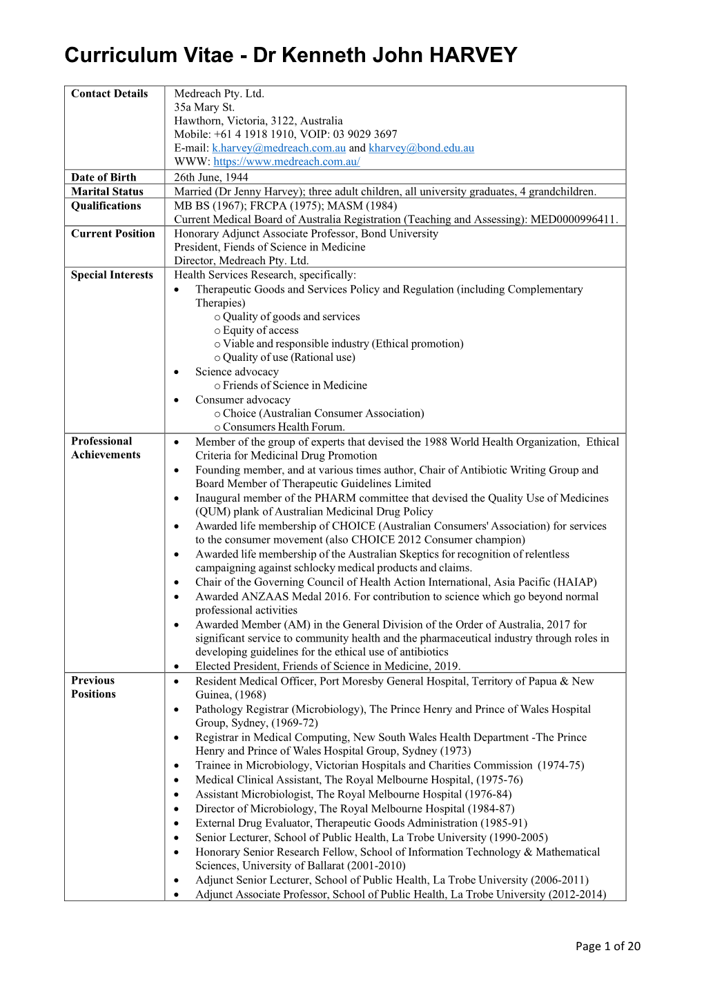 Curriculum Vitae - Dr Kenneth John HARVEY