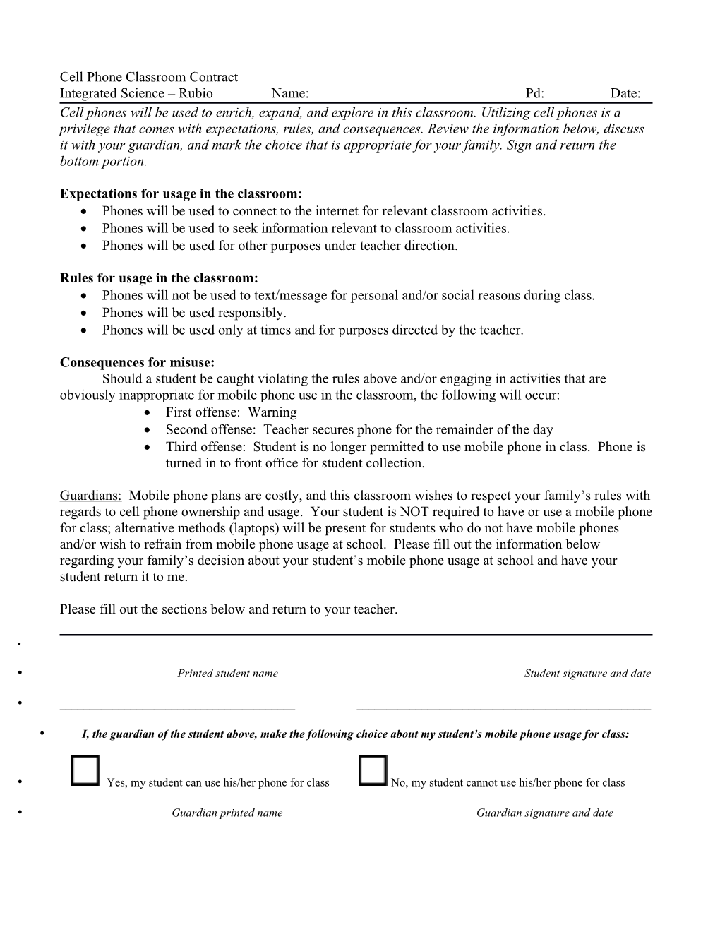 Cell Phone Classroom Contract