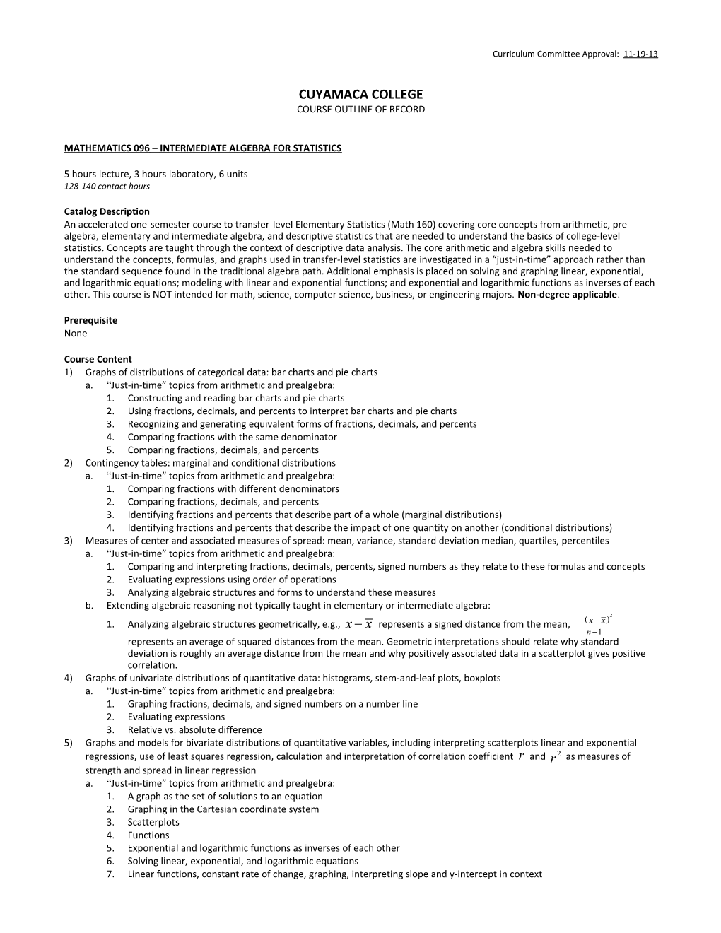 Mathematics 096 Intermediate Algebra for Statistics