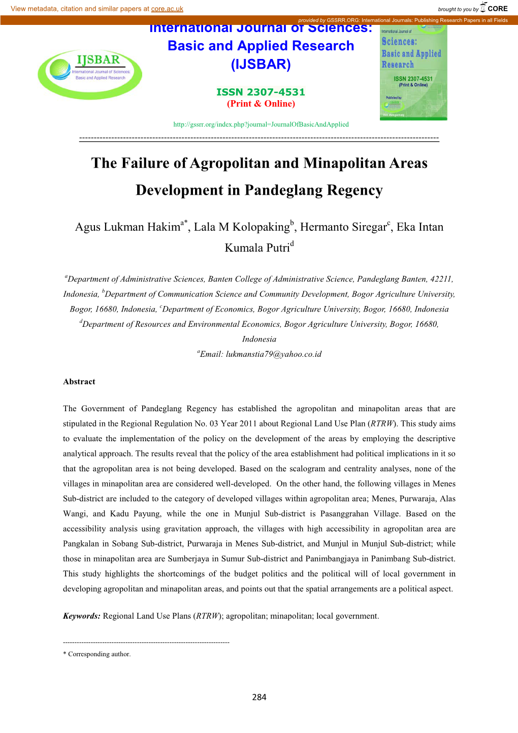 The Failure of Agropolitan and Minapolitan Areas Development in Pandeglang Regency