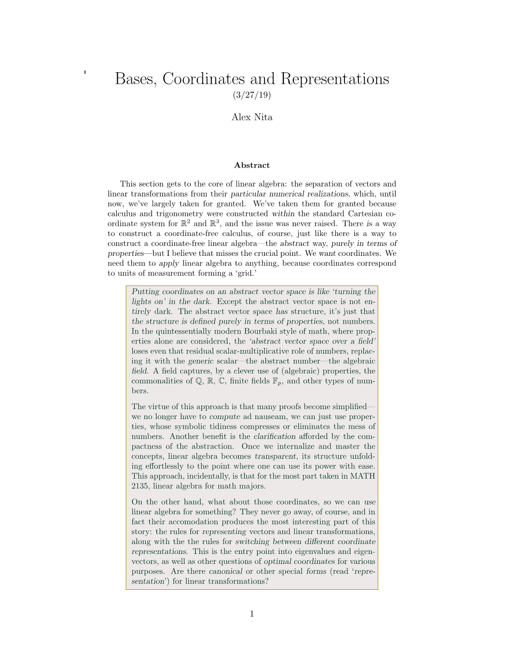 Bases, Coordinates and Representations (3/27/19)