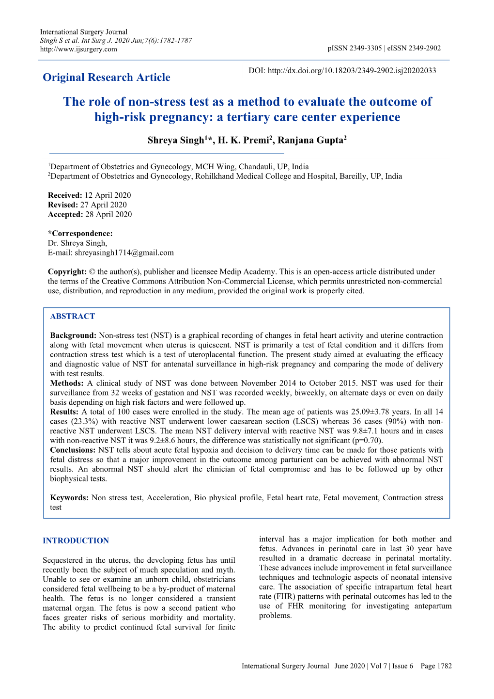 The Role of Non-Stress Test As a Method to Evaluate the Outcome of High-Risk Pregnancy: a Tertiary Care Center Experience