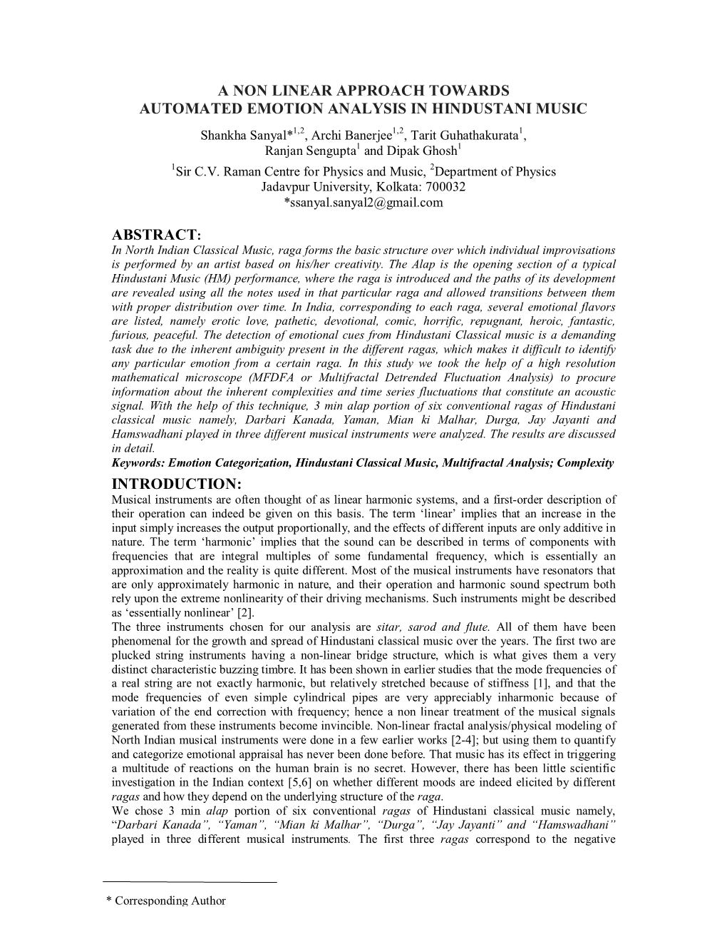 A Non Linear Approach Towards Automated Emotion Analysis in Hindustani Music