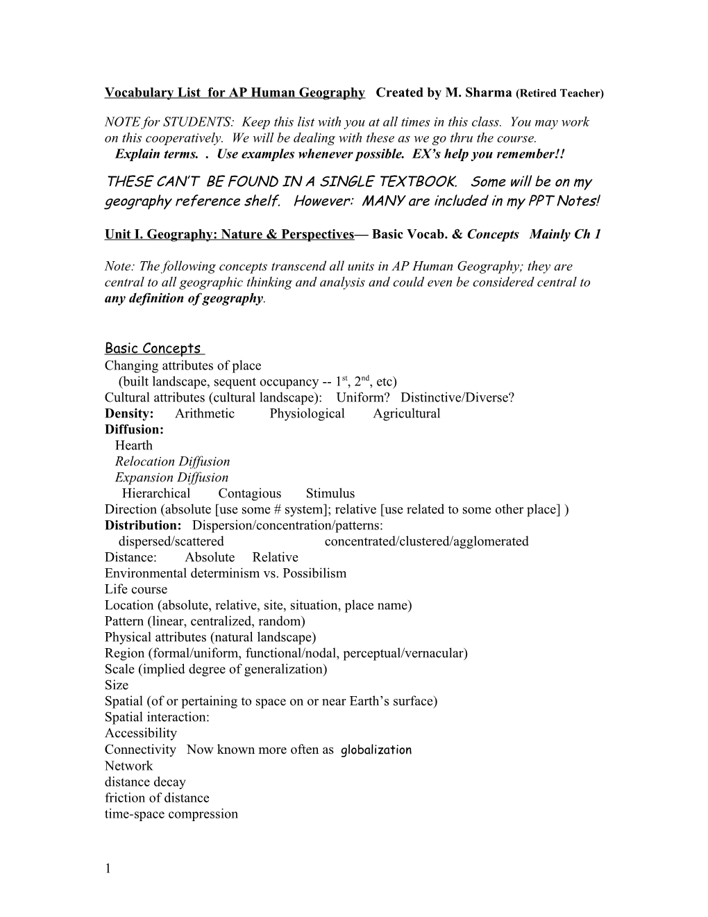 Vocabulary List for AP Human Geography Created by M. Sharma (Retired Teacher)