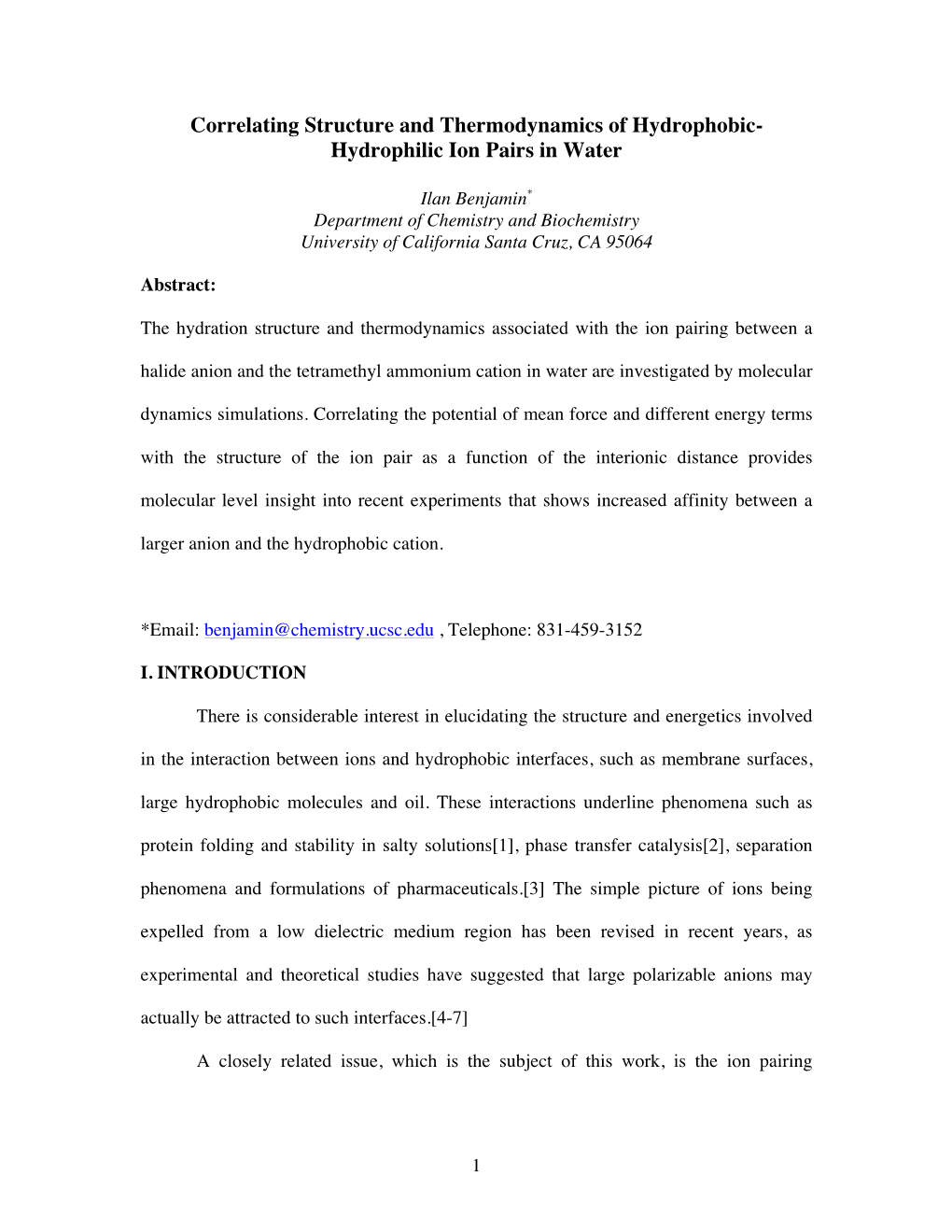 Correlating Structure and Thermodynamics of Hydrophobic- Hydrophilic Ion Pairs in Water