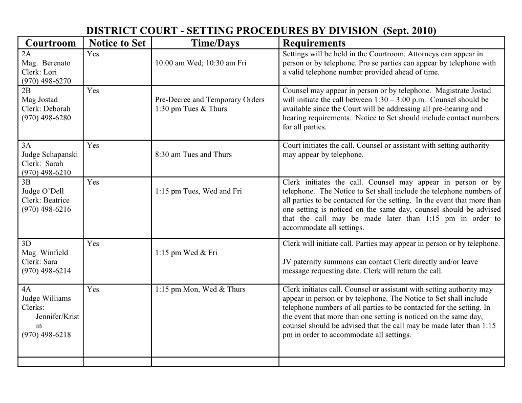 DISTRICT COURT - SETTING PROCEDURES by DIVISION (Sept. 2010)