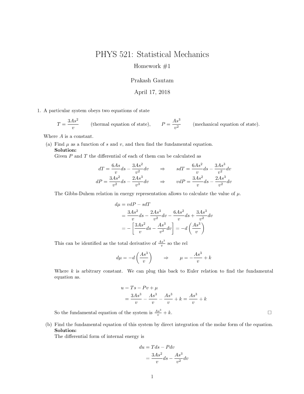 PHYS 521: Statistical Mechanics Homework #1