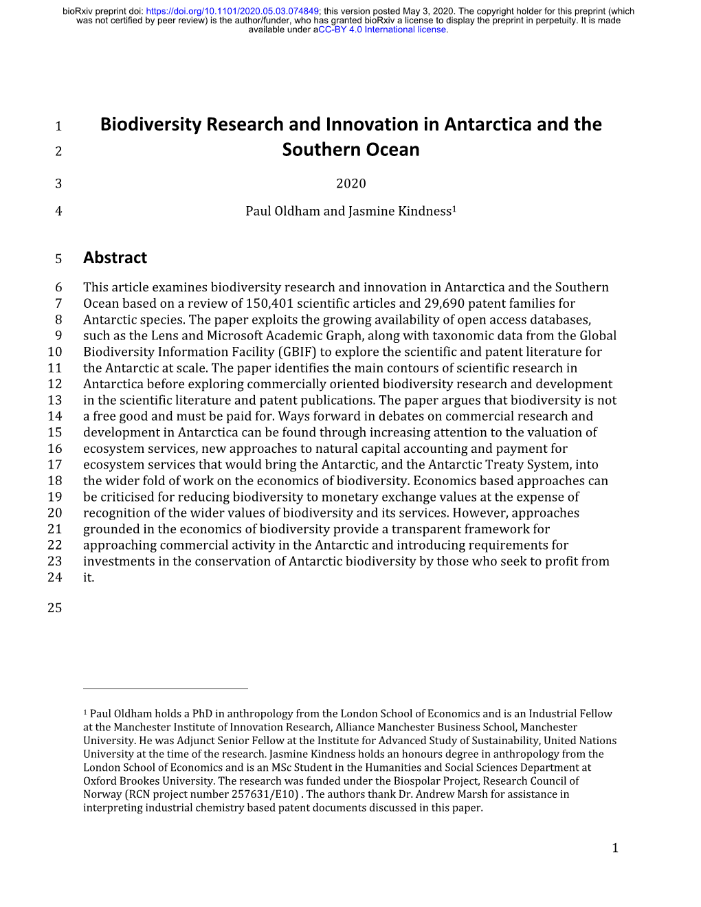 Biodiversity Research and Innovation in Antarctica and the Southern Ocean