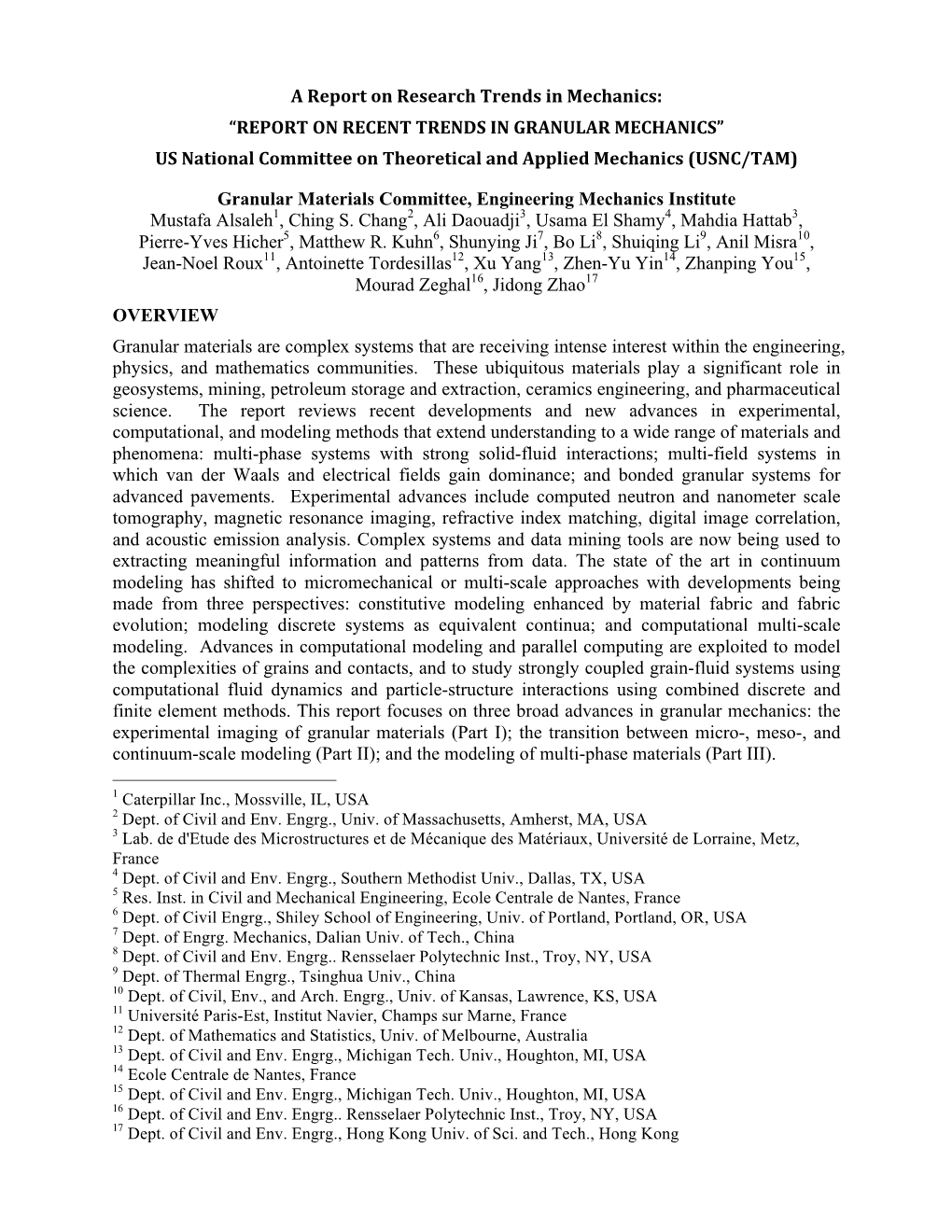 A Report on Research Trends in Mechanics: “REPORT on RECENT TRENDS in GRANULAR MECHANICS” US National Committee on Theoretical and Applied Mechanics (USNC/TAM)