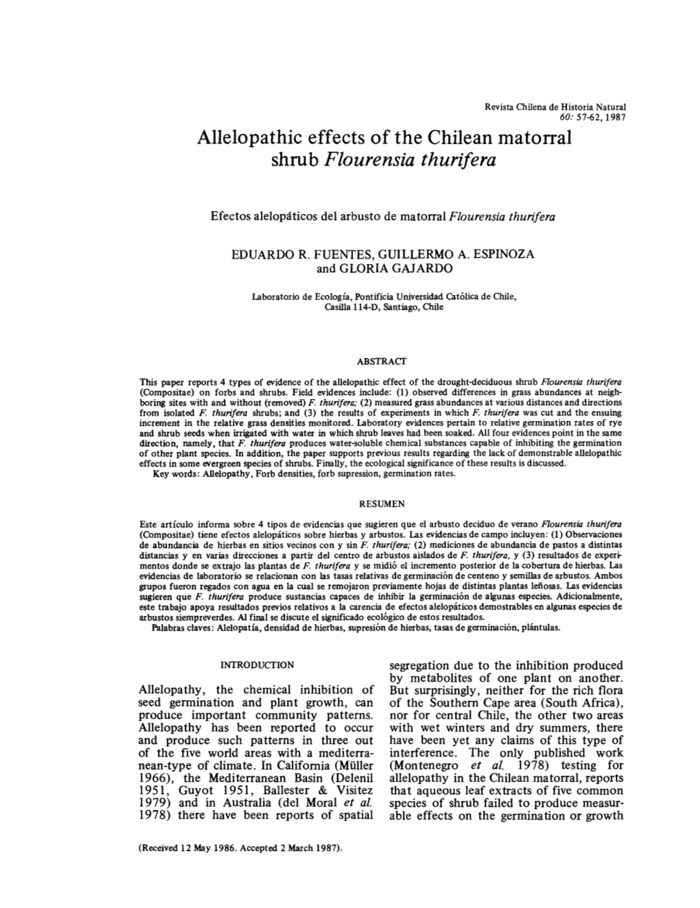 Allelopathic Effects of the Chilean Matorral Shrub Flourensia Thurifera