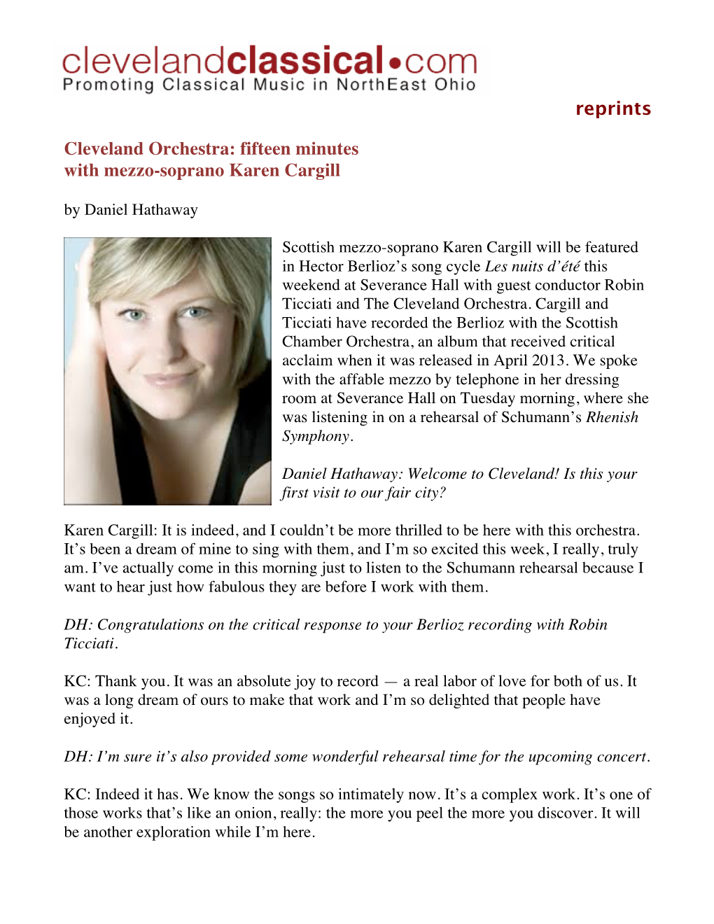 Fifteen Minutes with Mezzo-Soprano Karen Cargill by Daniel Hathaway