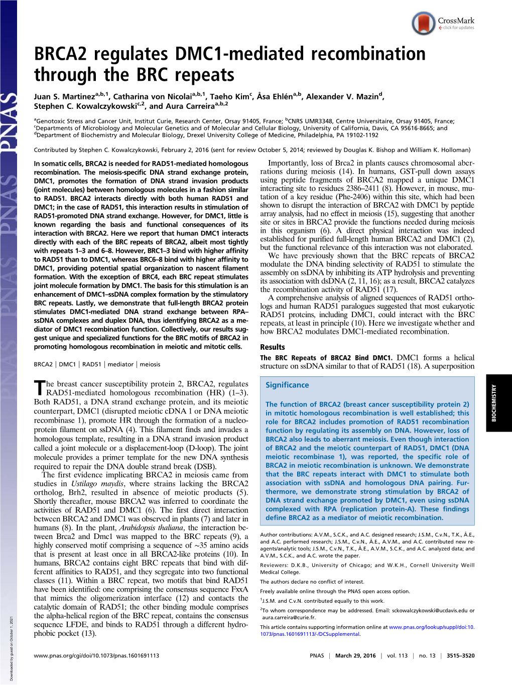 BRCA2 Regulates DMC1-Mediated Recombination Through the BRC Repeats