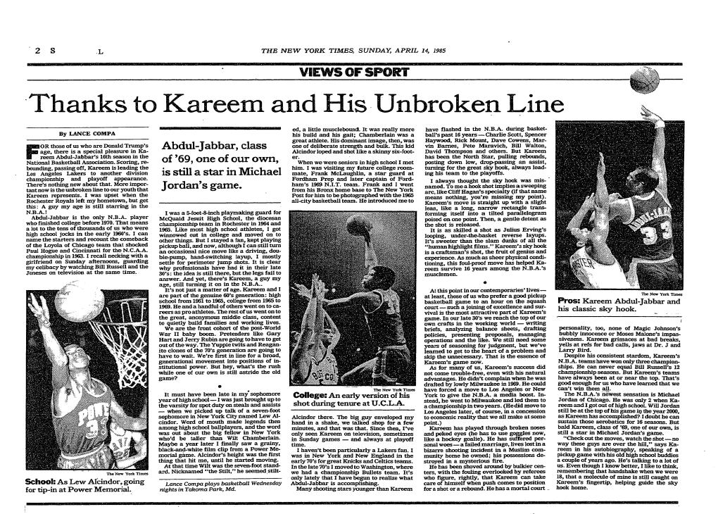 Thanks to Kareem and His Unbroken Line ««E 