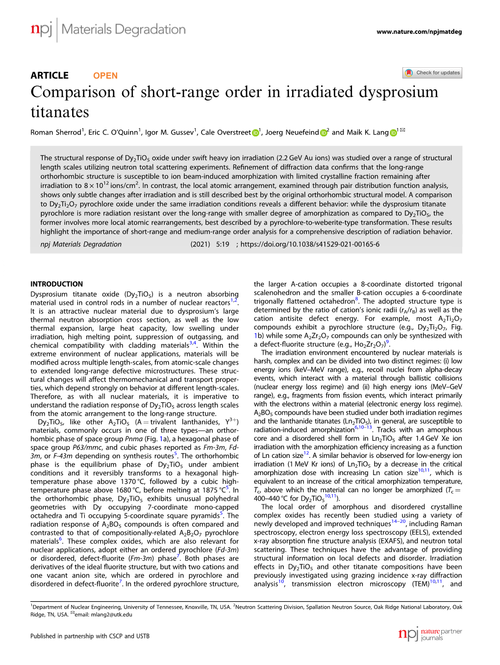 Comparison of Short-Range Order in Irradiated Dysprosium Titanates ✉ Roman Sherrod1, Eric C